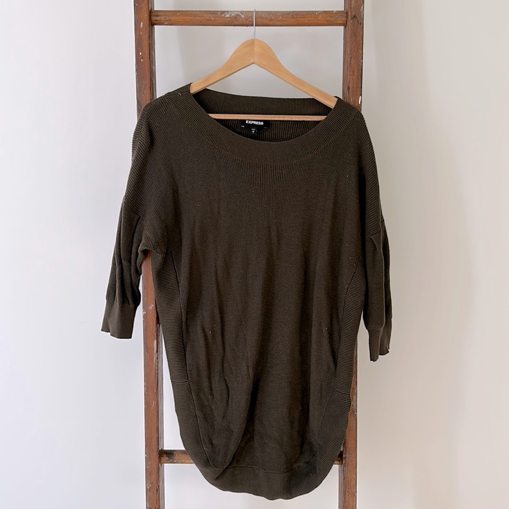 Express Olive Green Tunic Length Scoop Neck Sweater